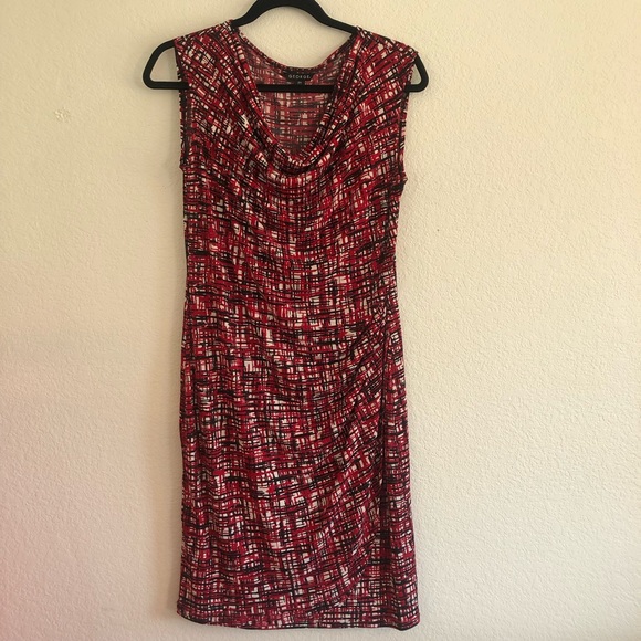 George Red Black and White Abstract Plaid Drape Neck Ruched Dress - Picture 1 of 7
